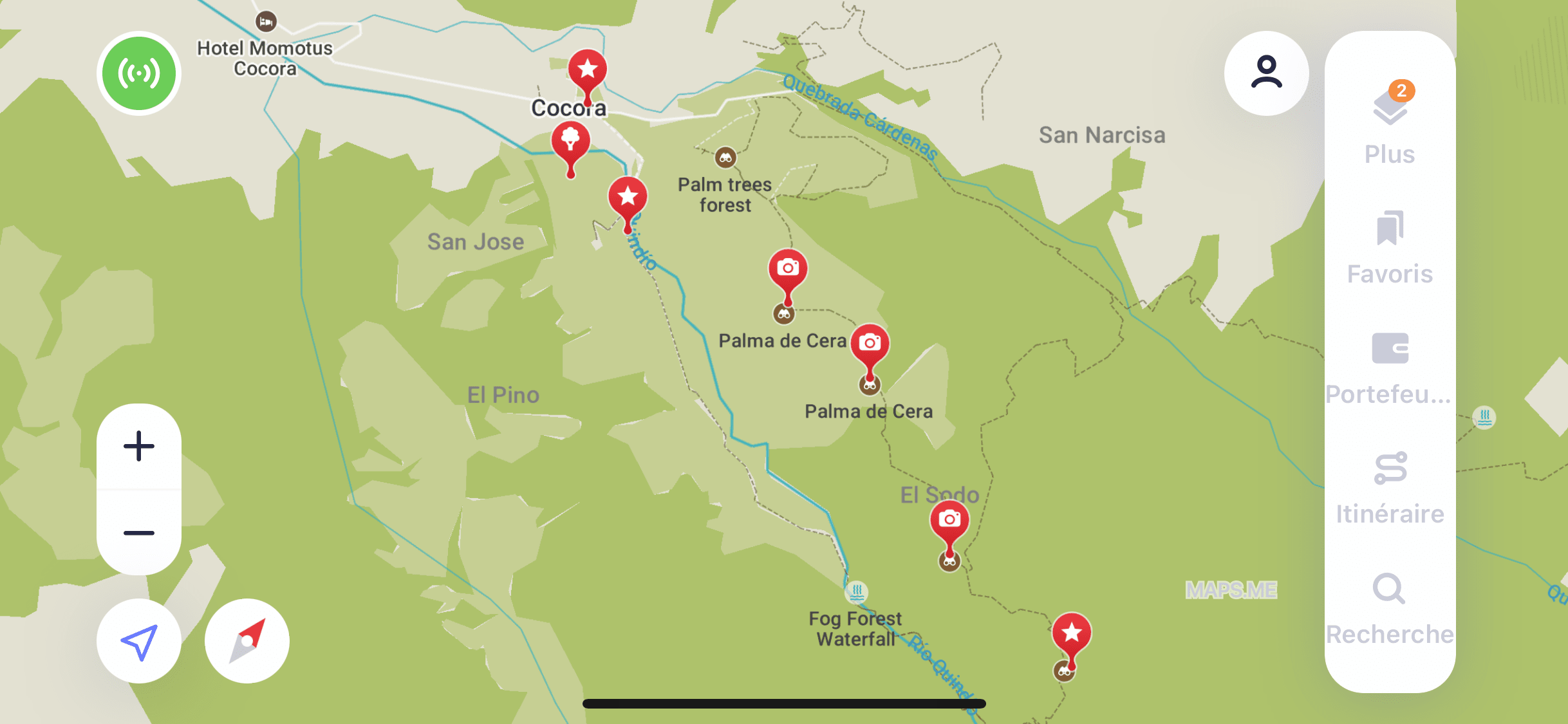 Tracé Maps.me de notre randonnée dans la Vallée de Cocora, en Colombie.